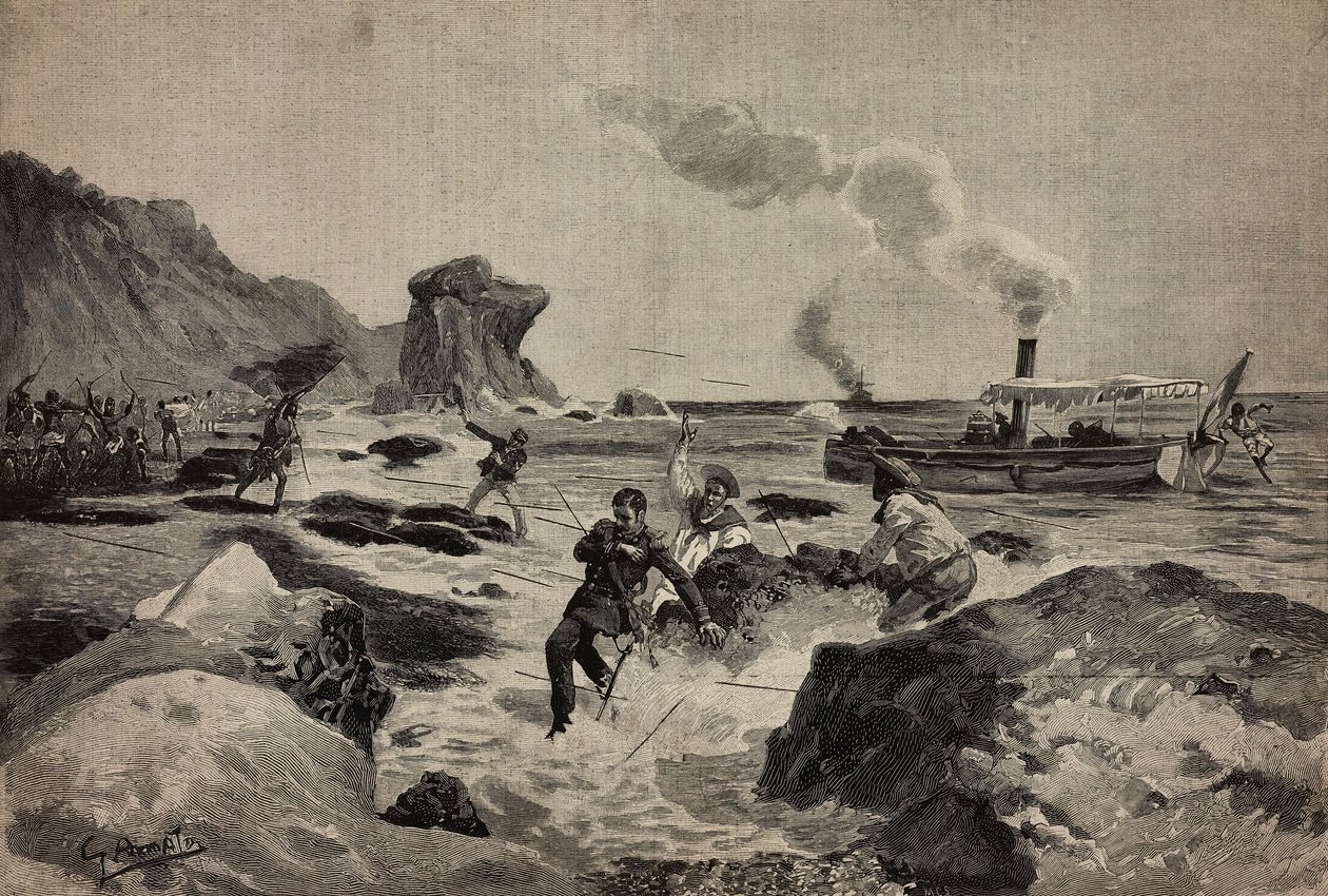 Tötung von Leutnant Carlo Zavagli (1867-1890) in Warsheikh, Somalia, 24. April, Gravur von Ernesto Mancastropa nach einer Zeichnung von Gennaro Amato, aus L