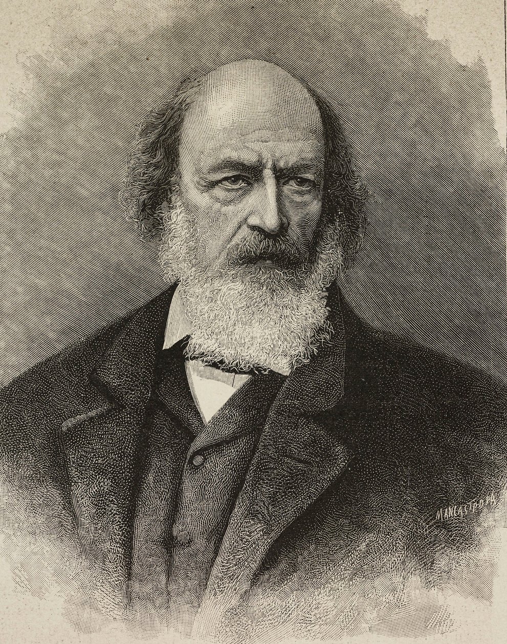 Porträt von Alfred Tennyson, britischer Dichter, Gravur von Ernesto Mancastroppa nach einem Foto von Barraud, aus L