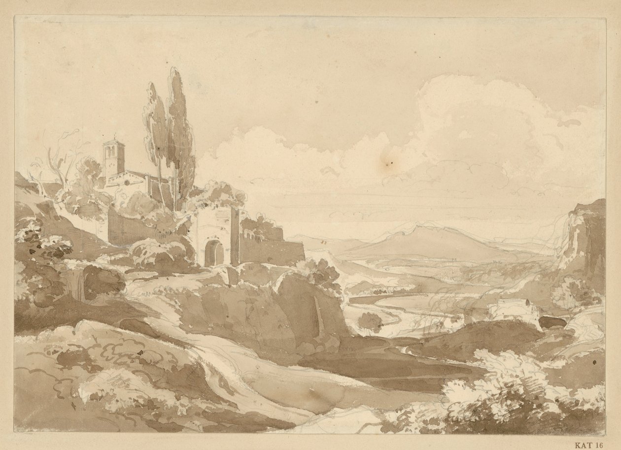 Landschaft in den Albanerbergen, auf der Anhöhe links ein Tor und eine Kirche von Ernst Fries