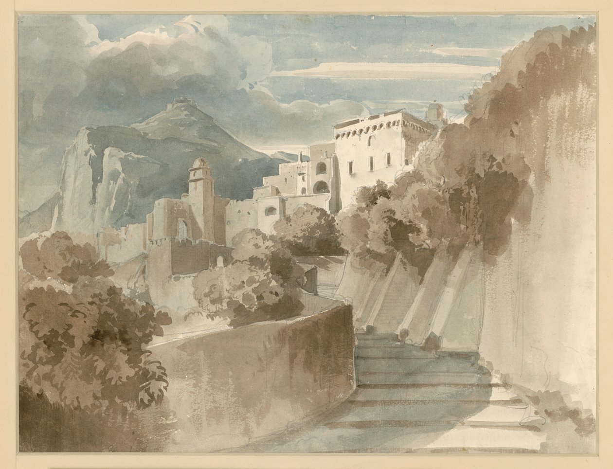 Motiv aus Subiaco. Häusergruppe und Treppen, ein Berg im Hintergrund von Ernst Fries