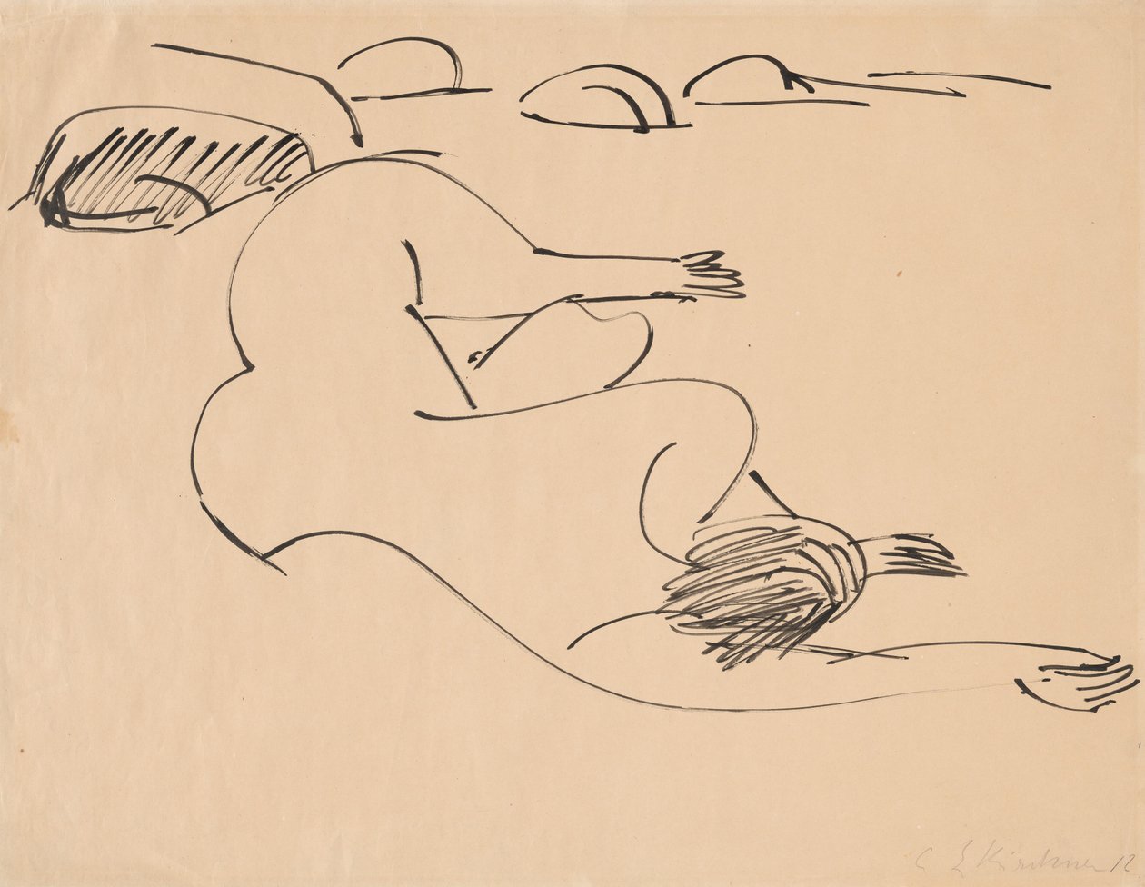 Erna liegt am Strand zwischen Felsen von Ernst Ludwig Kirchner