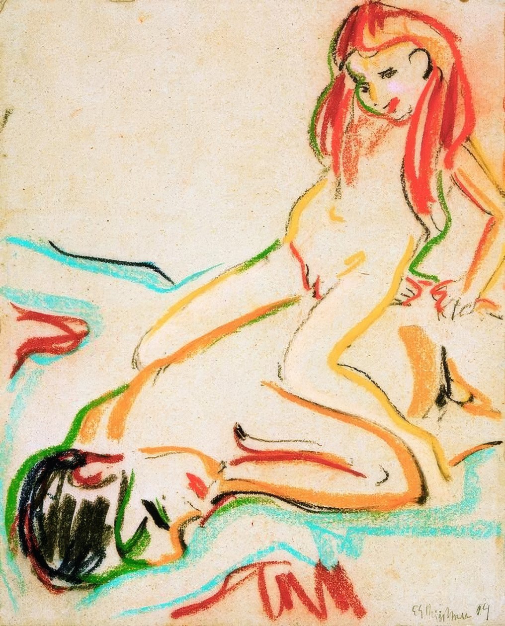 Liegender nackter Mann mit Kind auf dem Rücken von Ernst Ludwig Kirchner