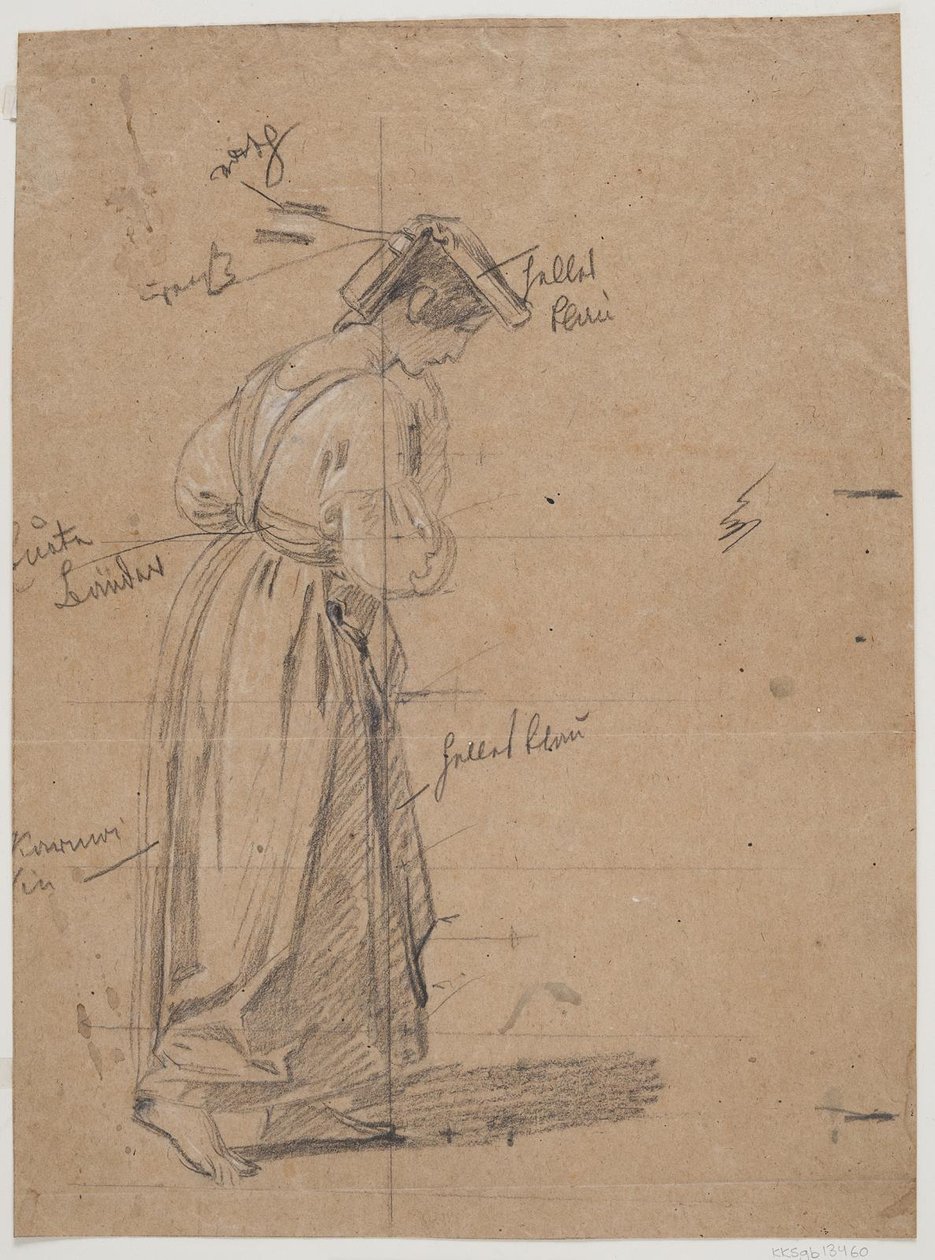 Mädchen beim Briefschreiber, nach vorne gebeugt mit dem Zeigefinger am Mund von Ernst Meyer