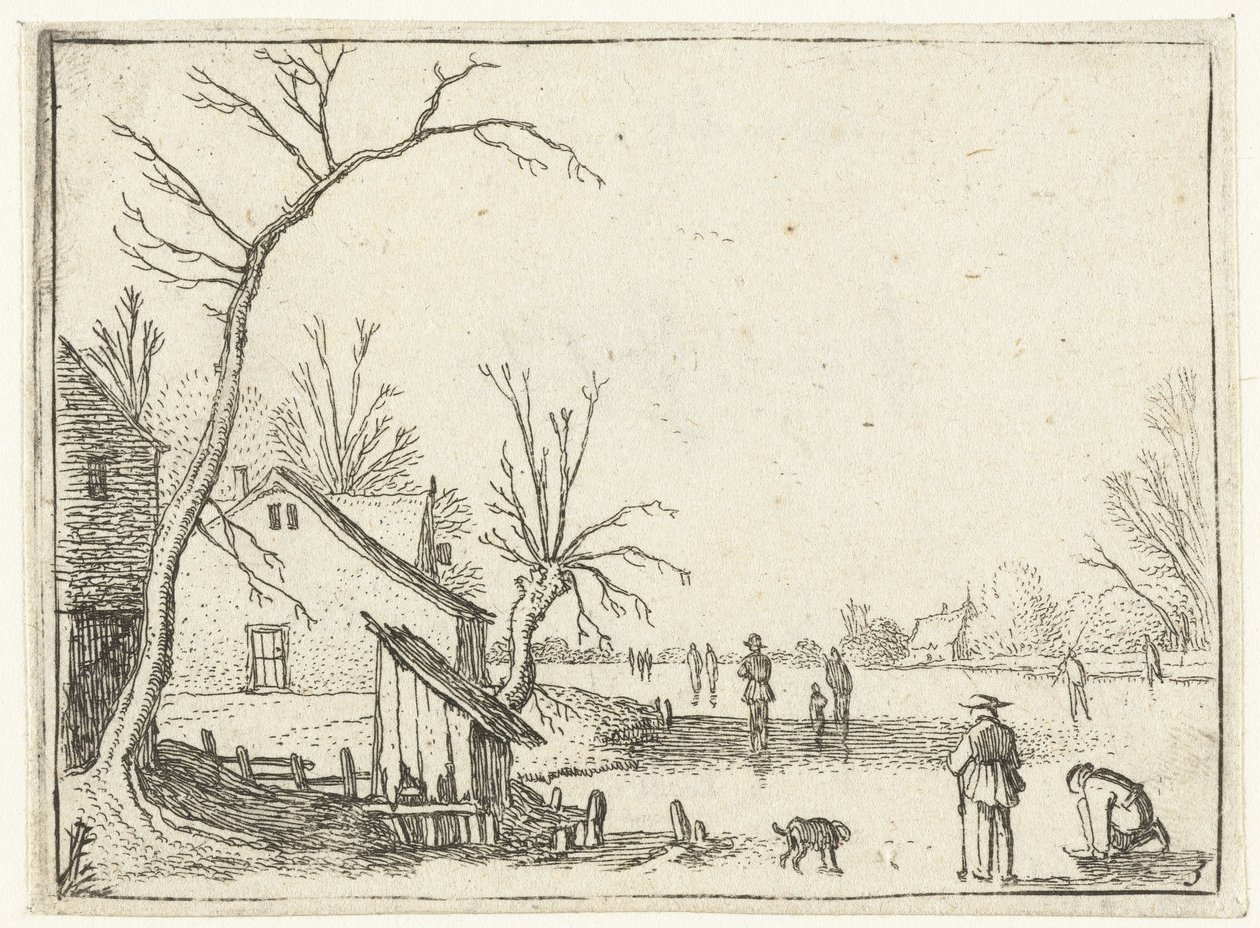 Bauernhof bei gefrorenem Fluss und Schlittschuhläufer auf dem Eis von Esaias van de Velde