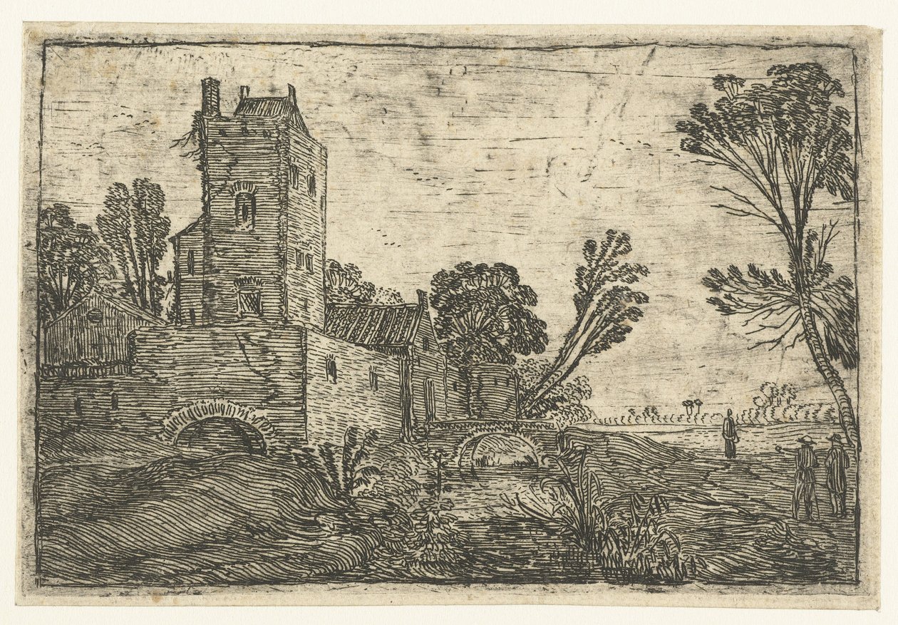 Hoher quadratischer Turm hinter einer Mauer an einem Graben von Esaias van de Velde
