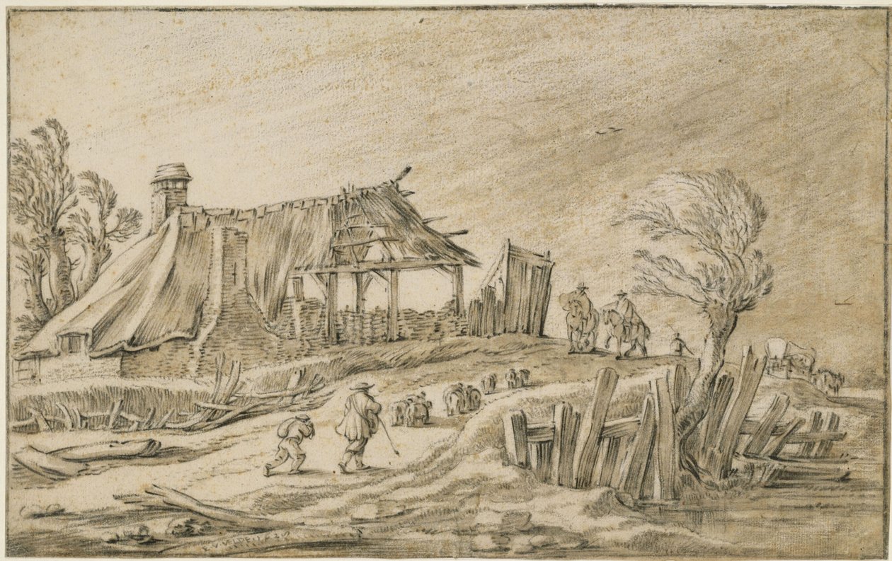 Landstraße mit Schafherde und Reitern bei Regensturm von Esaias van de Velde