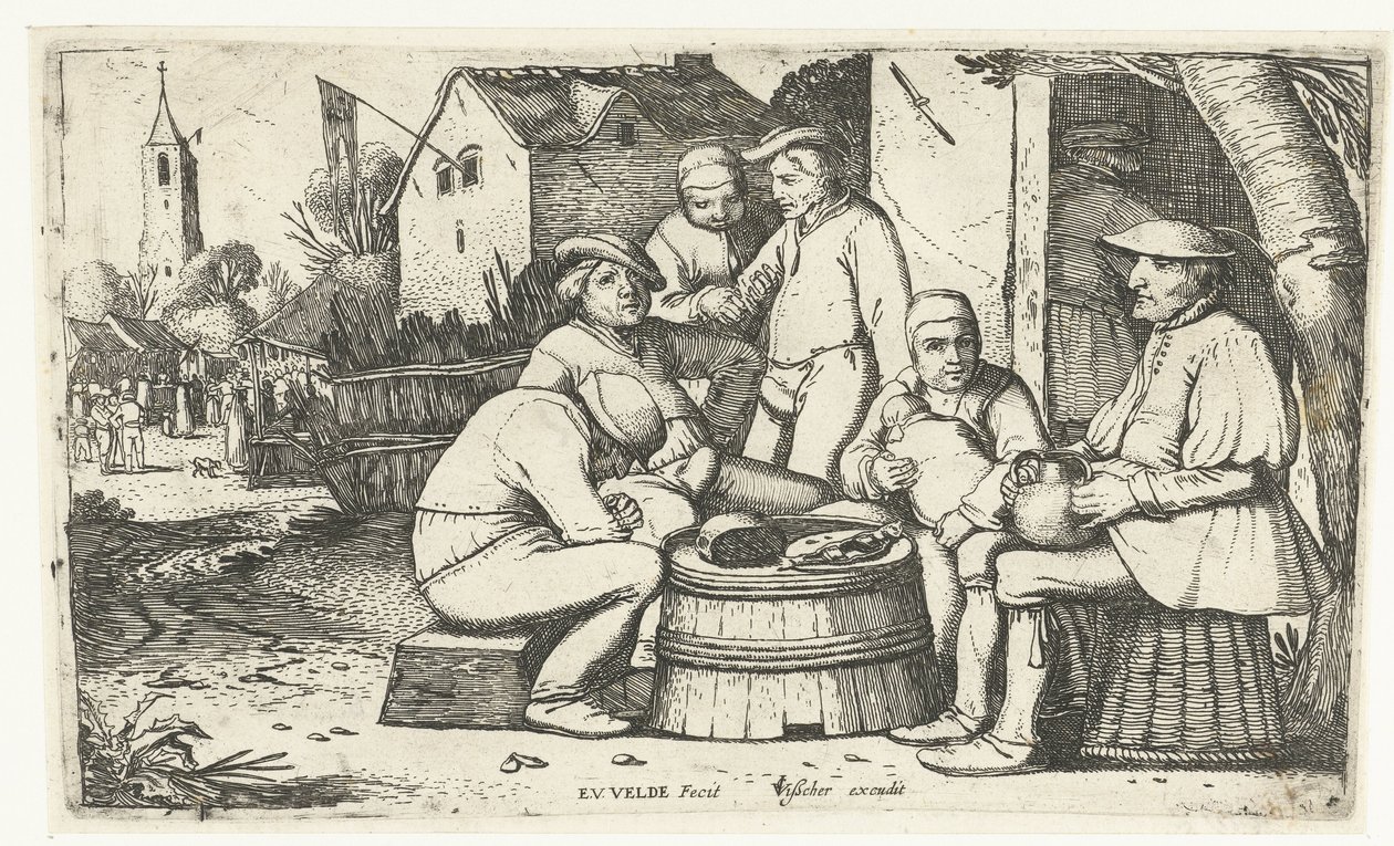 Sechs Bauern sitzen um ein Fass bei einem Gasthaus von Esaias van de Velde