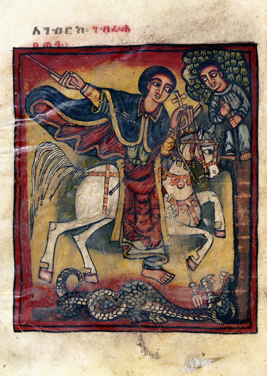 Folio 20v, St. Georg auf seinem weißen Pferd tötet den Drachen von Ethiopian School