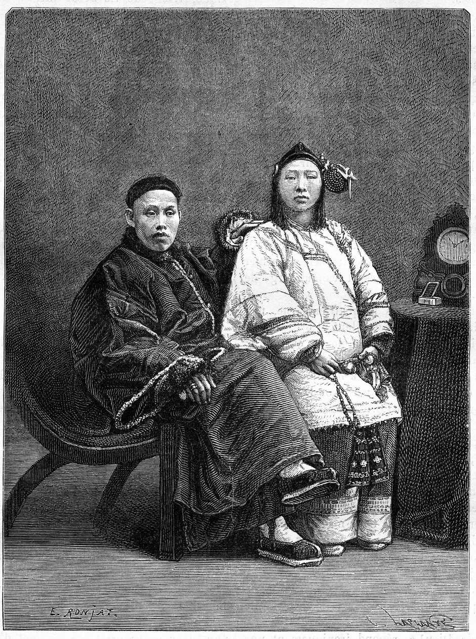 Paar chinesischer Würdenträger aus San Francisco (Vereinigte Staaten) im 19. Jahrhundert. Gravur nach einer Zeichnung von Ronjat, nach einem Foto, in „Le Tour du Monde, Nouveau journal des Voyages“, herausgegeben von Edouard Charton, Paris von Etienne Antoine Eugene Ronjat