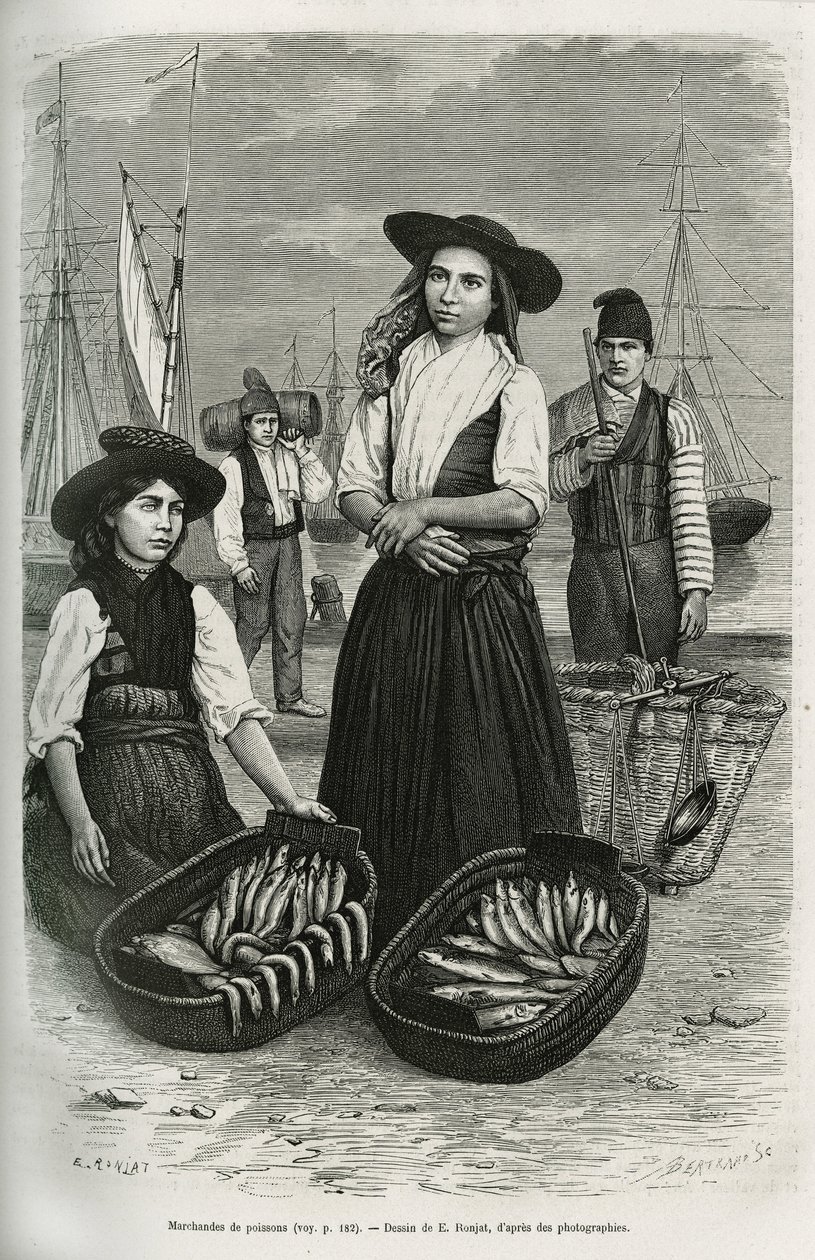 Fischhändler, die traditionelle Frauenkleidung tragen: kurzer Rock und plissiert, Mieder mit Silberknöpfen, bedeckt mit einem breiten schwarzen Filzhut. Gravur von E. Ronjat, zur Illustration der Geschichte Eine Woche in Lissabon von Jules Leclercq, veröff von Etienne Antoine Eugene Ronjat