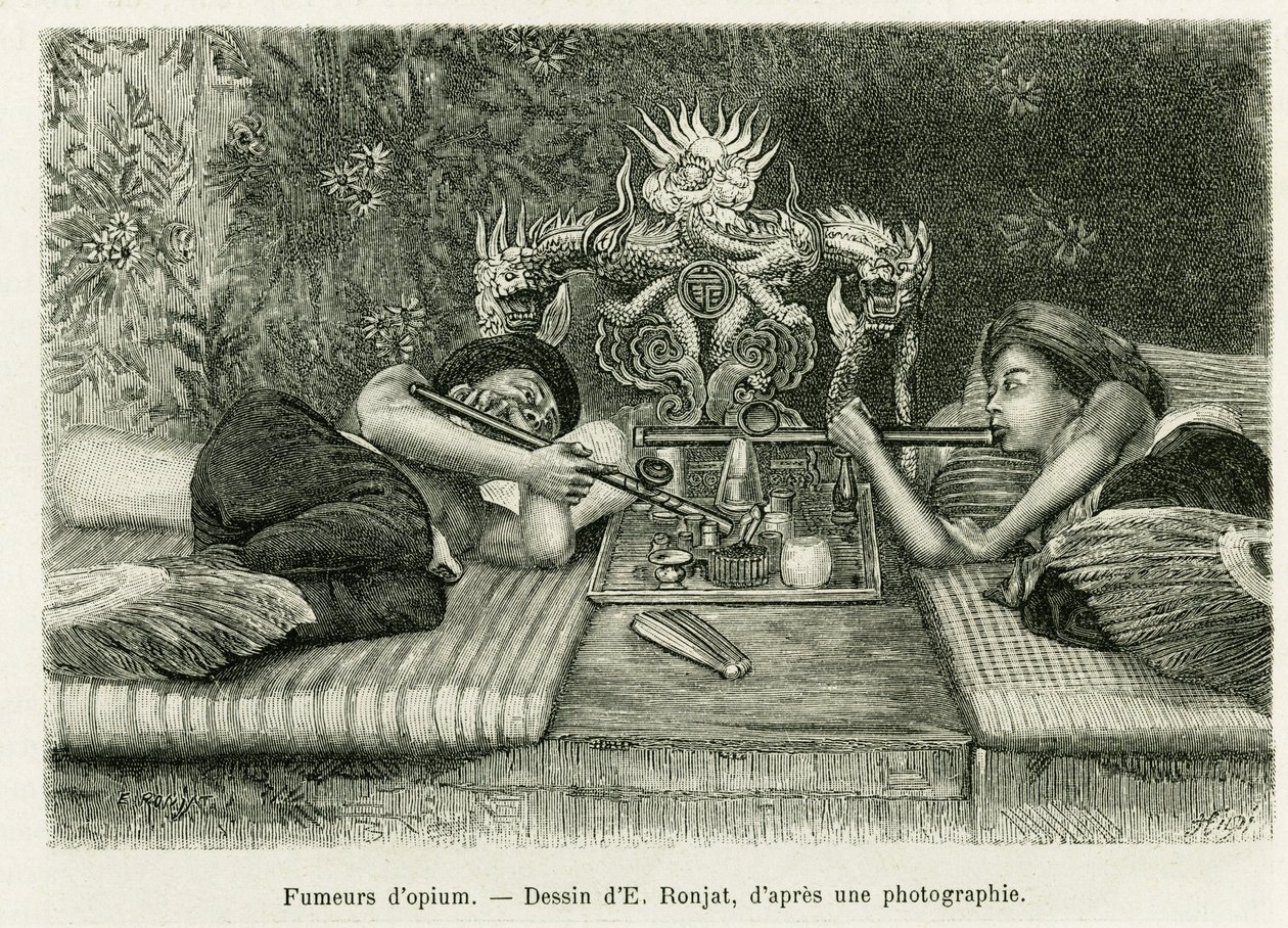 Opiumraucher. Gravur von E. Ronjat, nach einem Foto, zur Illustration der Geschichte „Dreißig Monate in Tonkin“ 1884, von Doktor Hocquard, in Le Tour du monde 1889, herausgegeben von Edouard Charton (1807-1890), Hachette, Paris. von Etienne Antoine Eugene Ronjat