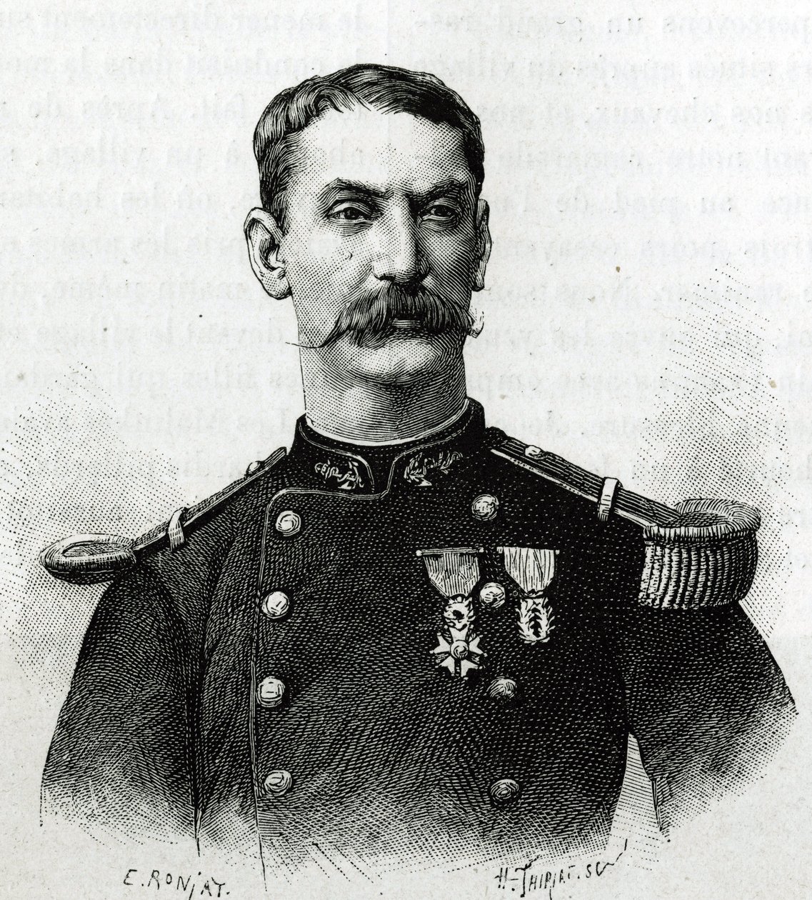 Porträt von Kommandant Joseph Gallieni während der Expedition in Afrika (1879-1882). Gravur von E. Ronjat nach einem Foto zur Illustration der Geschichte „Exploration du Haut Niger (Haut Niger)“ (heutiges Mali) von Kommandant Joseph Gallieni (1849-1916) von Etienne Antoine Eugene Ronjat
