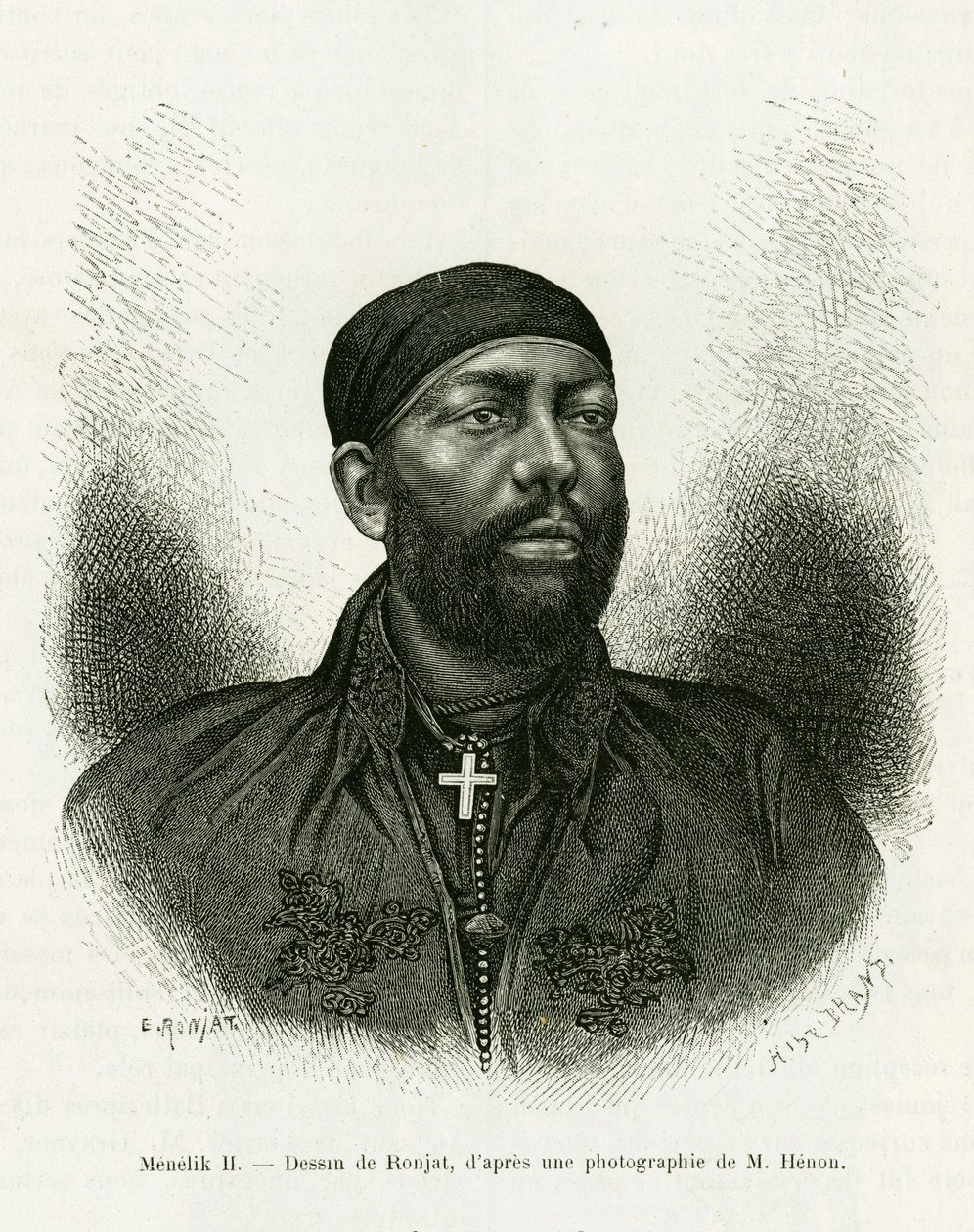 Porträt von Prinz Menelik II. von Äthiopien (1844-1913). Gravur von Ronjat, nach einem Foto, zur Illustration der Geschichte „Reise nach Choa (Südliches Abessinien)“ von Etienne Antoine Eugene Ronjat