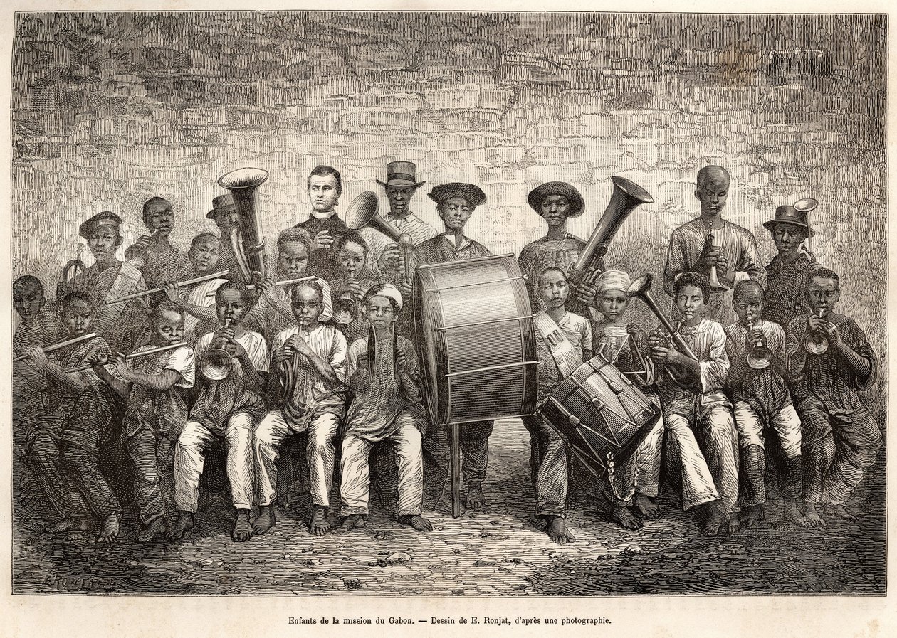 Die Band der Kinder der Gabon-Mission. Gravur nach der Zeichnung von E. Ronjat, um die Kreuzfahrt an der Küste Afrikas zu illustrieren, von Vizeadmiral Fleuriot de Langle, im Jahr 1868, veröffentlicht in „Le tour du monde“ 1876, herausgegeben von Edouard C von Etienne Antoine Eugene Ronjat