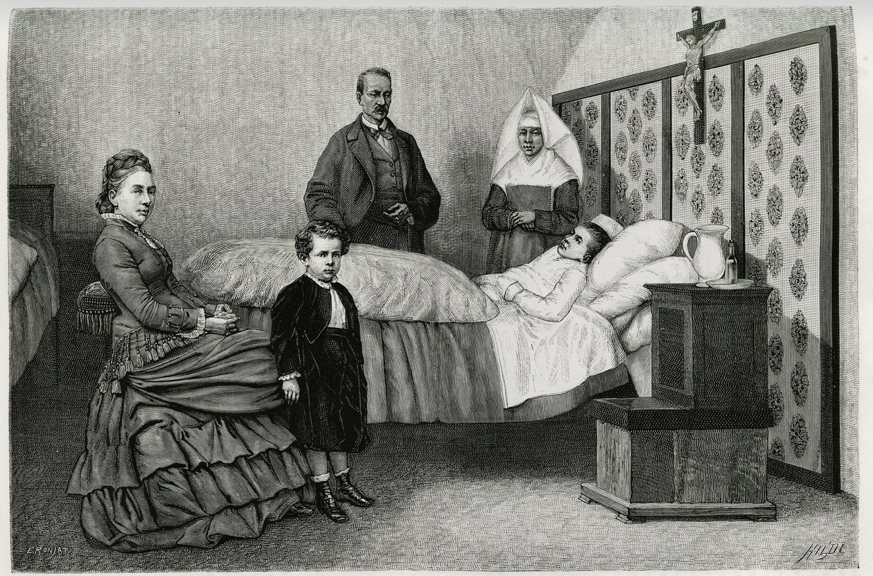 Die Konsultation des Arztes im Logelbach-Hospiz. Gravur von E. Ronjat, zur Illustration der Geschichte „Durch Elsass und Lothringen“, 1884, von Charles Grad (1842-1890), deutscher Abgeordneter, Schriftsteller und Naturforscher. Veröffentlicht in Le Tour du von Etienne Antoine Eugene Ronjat
