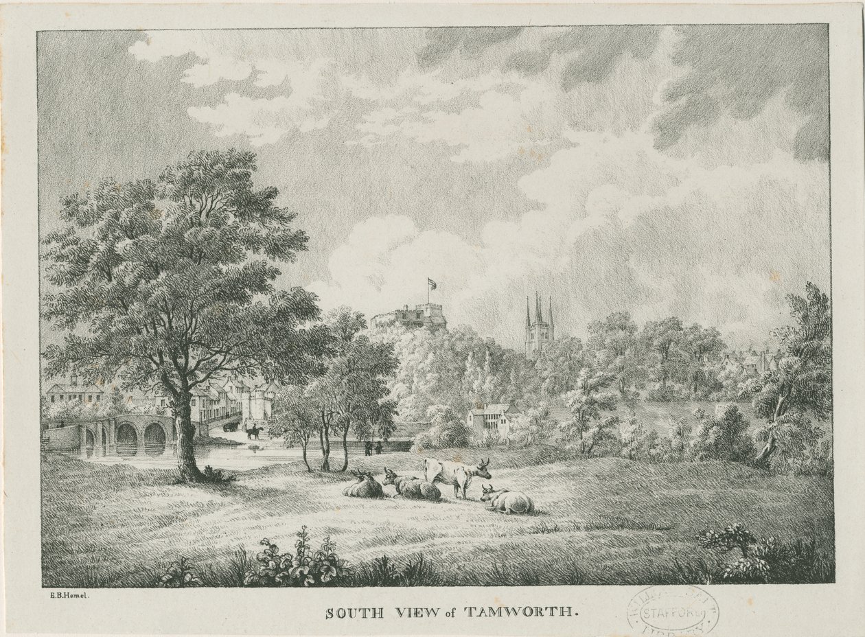Tamworth - Fernansicht von Süden: lithografiert, undatiert [1796-1865] von Etienne Bruno Hamel