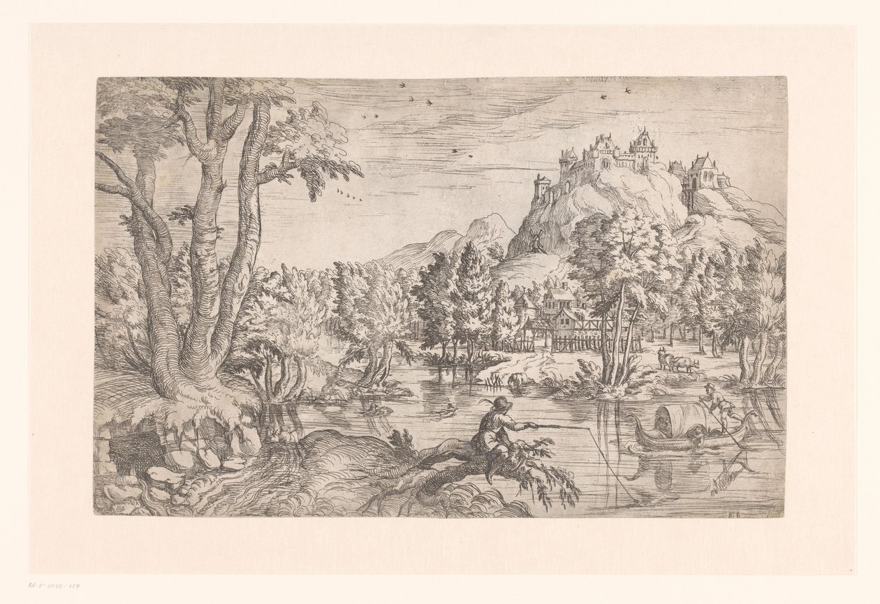 Landschaft mit Fischer und Schloss auf Berggipfel von Etienne Dupérac (attributed to)