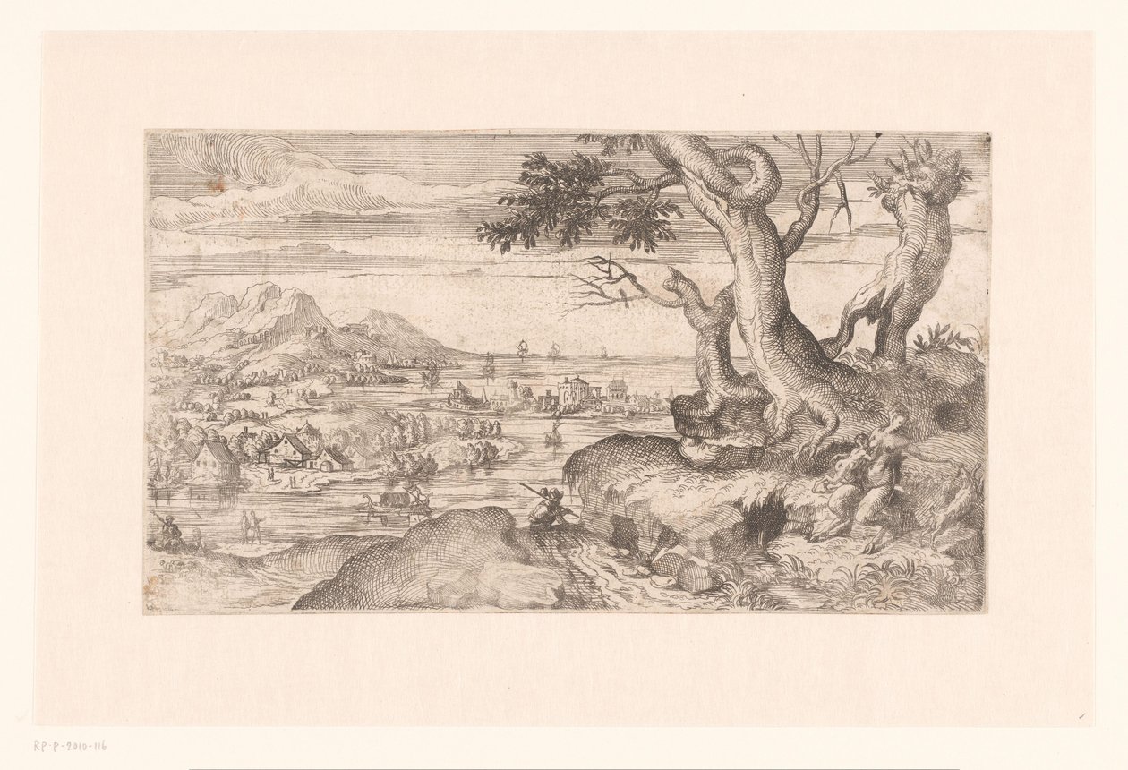 Landschaft mit weiblichem Satyr, der ein Satyrkind füttert von Etienne Dupérac (attributed to)