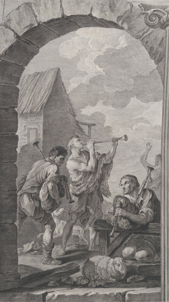 Die Kapelle der Enfants-Trouvés in Paris: Gruppe der Hirten: Trompetenspieler und m..., 1754 von Etienne Fessard