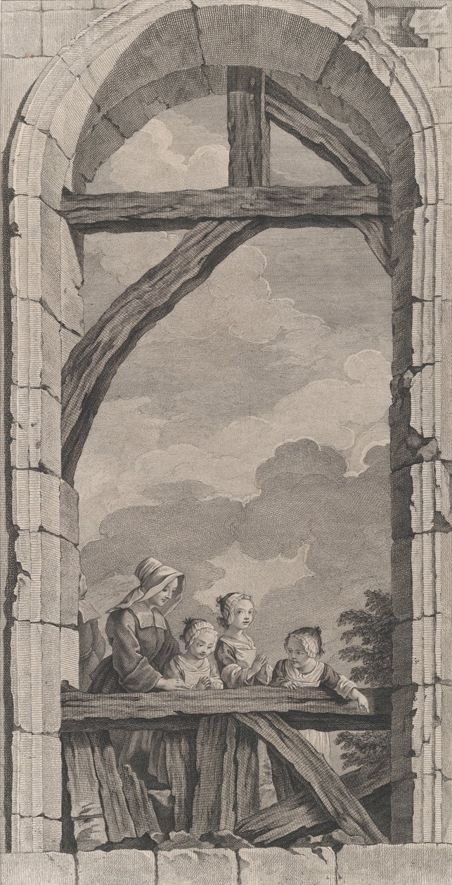 Die Kapelle der Enfants-Trouvés in Paris: Religieuse et petites filles regardant la crèche, 1756 von Etienne Fessard