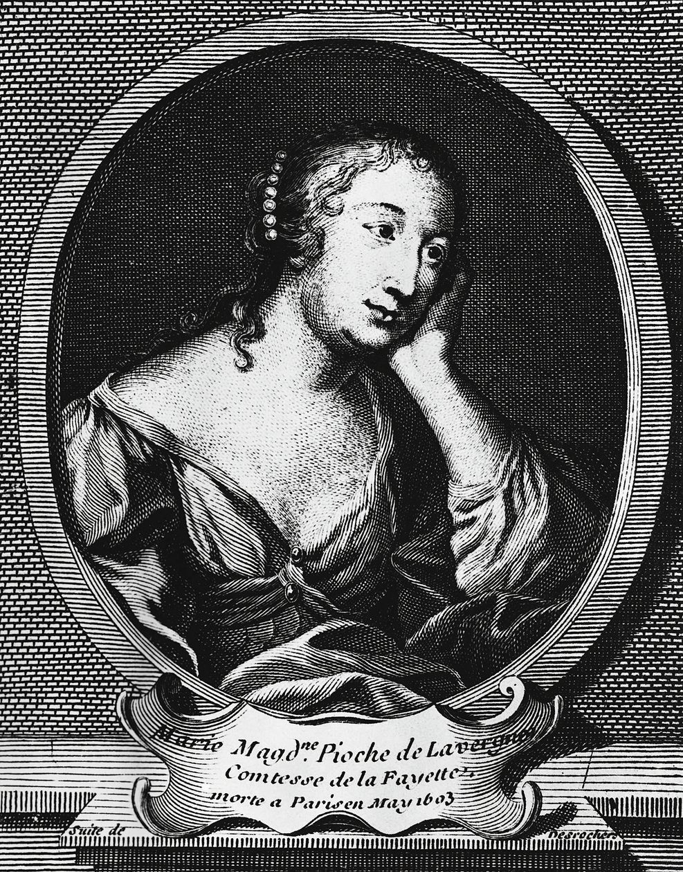 Medallion-Porträt von Marie-Madeleine Pioche de La Vergne, Comtesse de La Fayette (1634-1693), französische Schriftstellerin, Gravur von Etienne Jehandier Desrochers (1668-1741) von Etienne Jehandier Desrochers