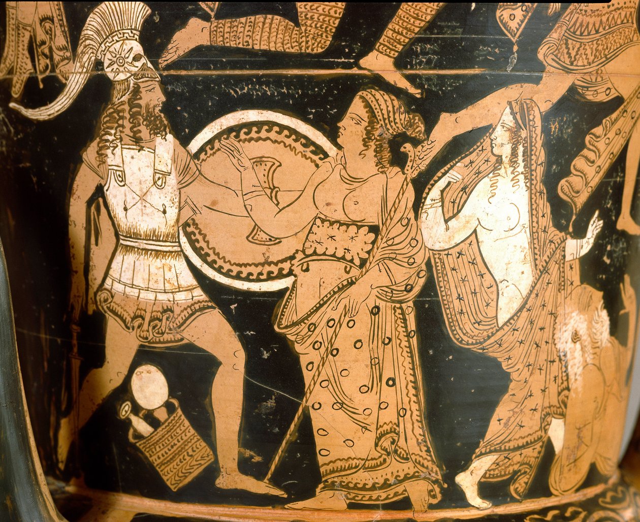 Etruskische Antike: Glockenkrater, der die Zerstörung Trojas darstellt: Detail zeigt Menelaos gegenüber Aphrodite, Helena ist rechts dargestellt. Aus Falerii Veteres (Civita Castellana). 350-300 v. Chr. Rom, Museo Nazionale di Villa Giulia von Etruscan