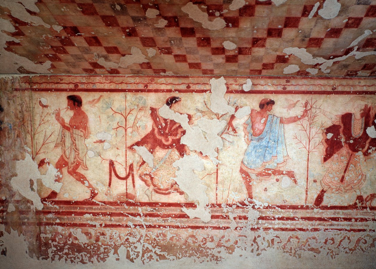 Tänzer und Musiker während eines Banketts. Fresken des Tomba del Triclinium, 5. Jahrhundert v. Chr. von Etruscan