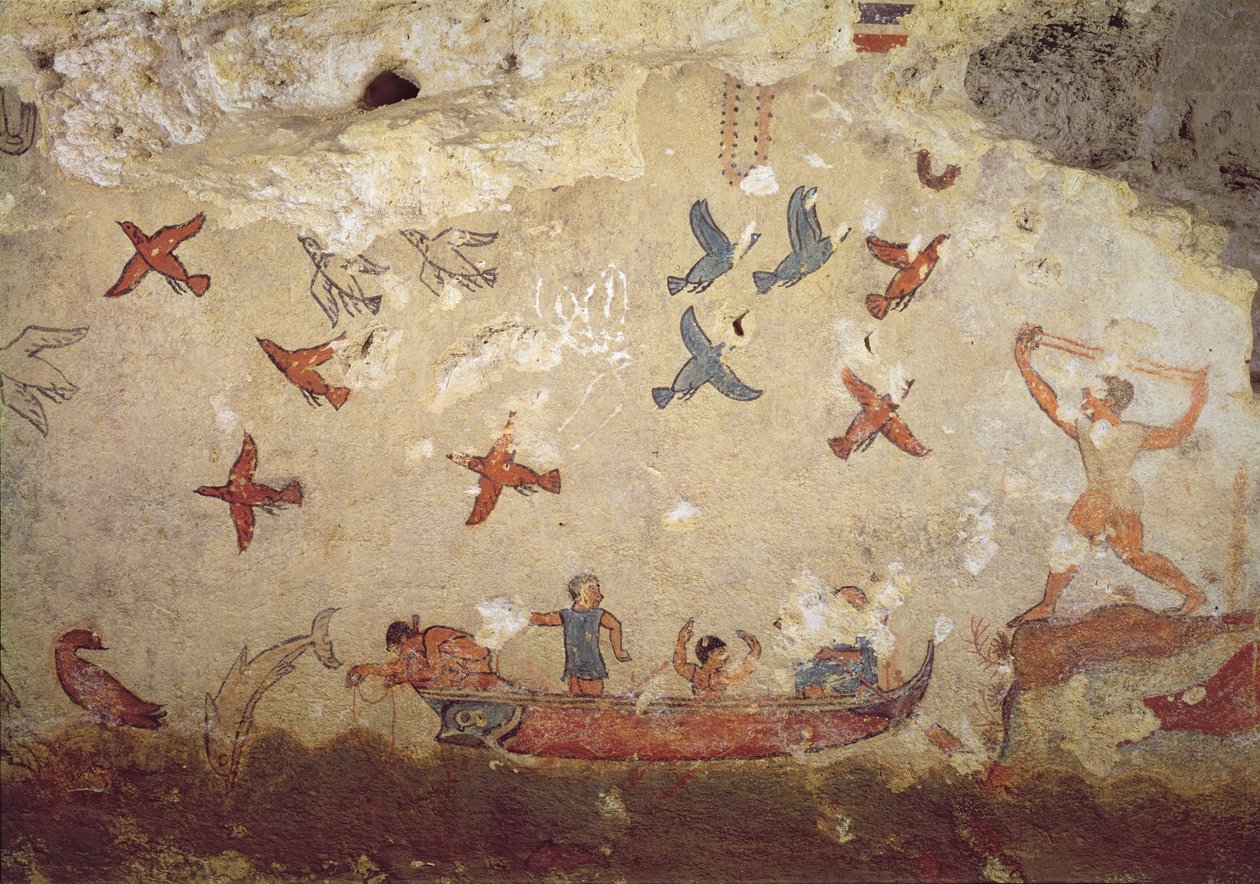 Fischer in einem Boot und fliegende Vögel, aus dem Grab des Fischens und Jagens, ca. 520-510 v. Chr. von Etruscan
