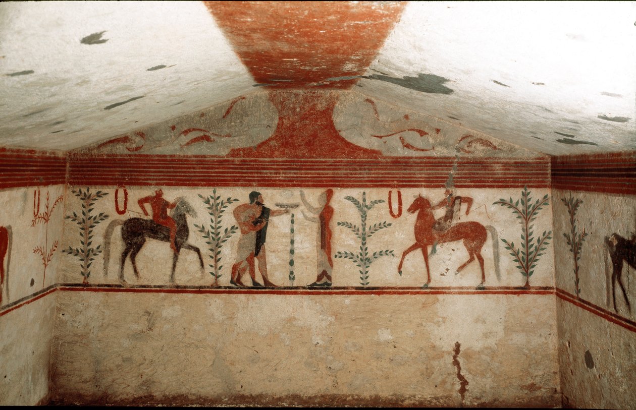 Zwei Reiter, eine Frau und ein bärtiger Mann, der einen Becher präsentiert (Detail) von Etruscan