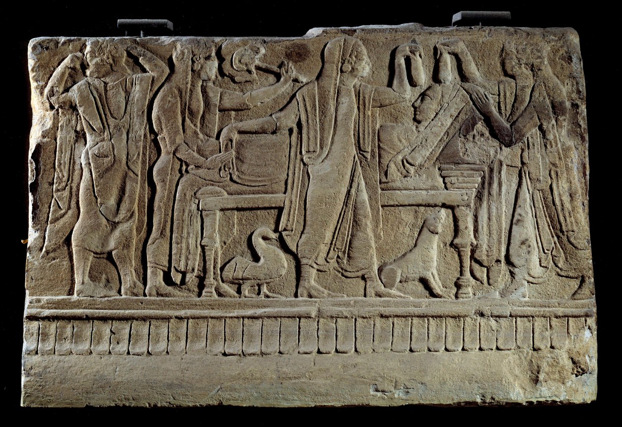Etruskische Antike: Platte eines Grabsteins. Ausstellung der Verstorbenen auf ihrem Totenbett. Paris, Musée du Louvre von Etruscan Etruscan