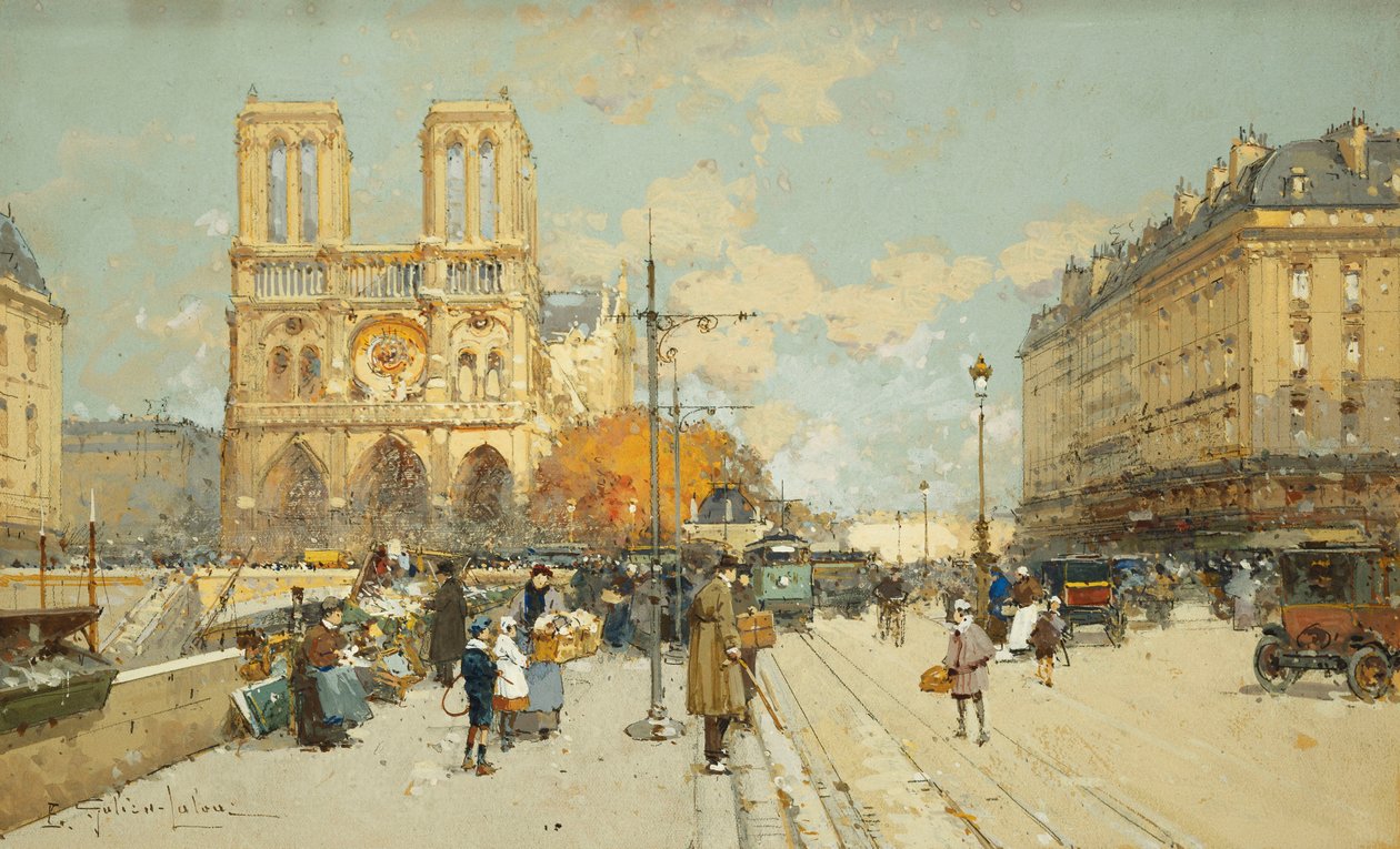 Figuren auf einer sonnigen Pariser Straße, Notre Dame links von Eugene Galien Laloue