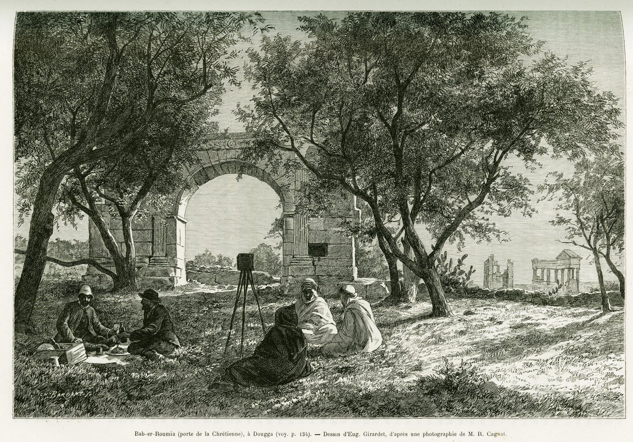 Bab-er-Roumia (Bab er Roumia), Tor der christlichen Frau, römische Ruinen in Dougga, Picknick von Reisenden und ihren Führern, um eine Kamera. Gravur von Eugene Girardet, zur Illustration der Geschichte „Voyage en Tunisie“, von R. Cagnat und H. Saladin. von Eugene Alexis Girardet