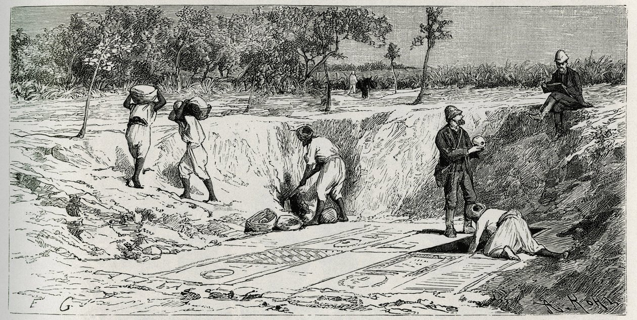 Ausgrabungen auf dem christlichen Friedhof von Lamta, mit beiden Missionsbeauftragten. Gravur von Eug. Girardet, zur Illustration der Geschichte "Die Reise nach Tunesien" von Rene Cagnat von Eugene Alexis Girardet