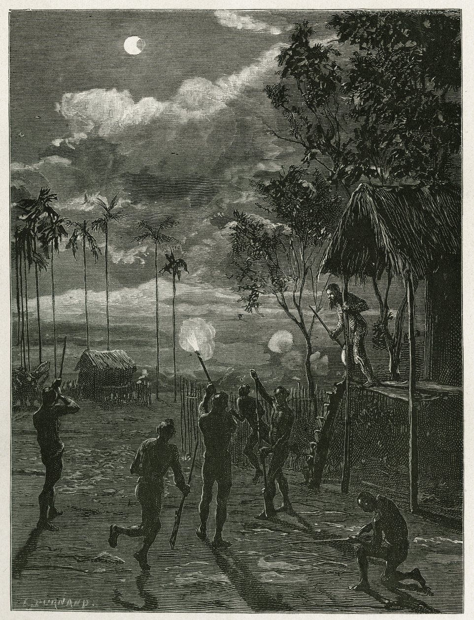 Dr. Harmand wird mitten in der Nacht durch das Geräusch der Gewehre der einheimischen Khas geweckt, die auf den Mond schießen, der einer Mondfinsternis unterliegt, in Attopeu (Laos), Gravur von Eugene Burnand, zur Illustration der Geschichte von Laos und d von Eugene Burnand