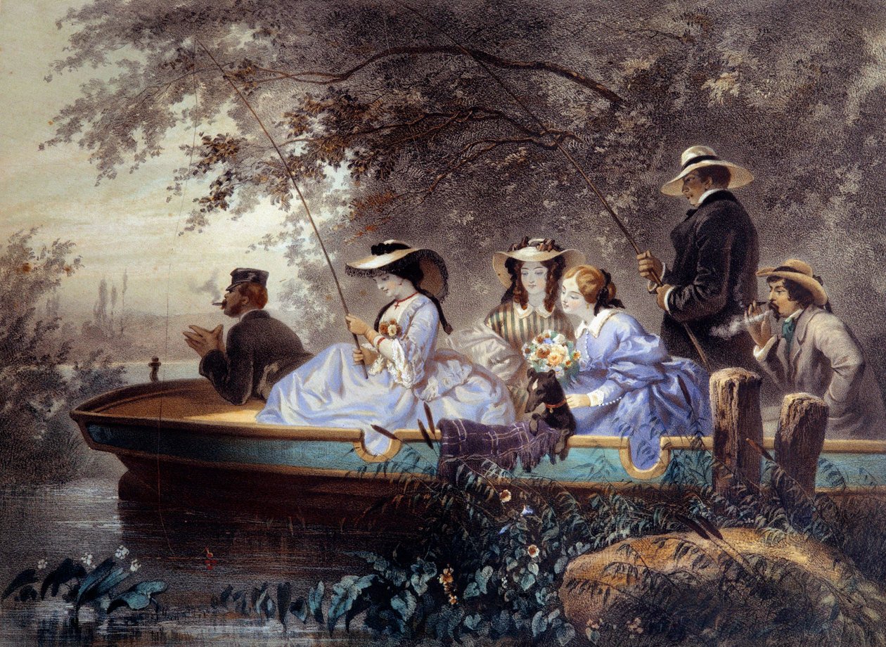 Ein Sonntag mit der Familie, Angeln im Fluss von Eugene Charles Francois Guerard