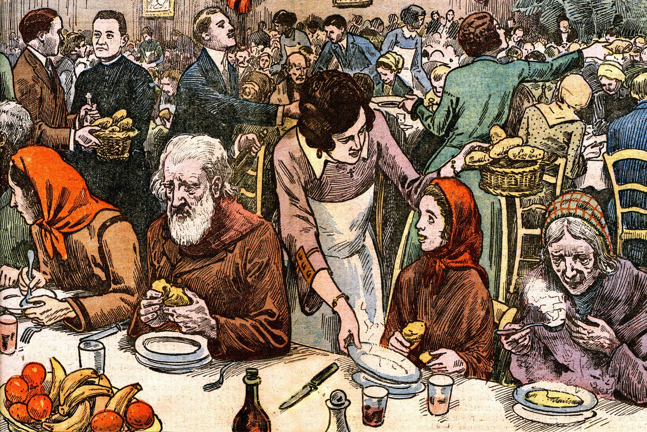Ein Bankett für die Armen (Wohltätigkeit - Wohltätigkeitsausschuss - Katholische Hilfe - Suppe - Schirmherrin). Am Weihnachtstag 1927 organisierte Kardinal Ferrari (geleitet in Paris von Abbe Rivota) eine Messe für die Armen, gefolgt von einem gedeckten Ba von Eugene Damblans