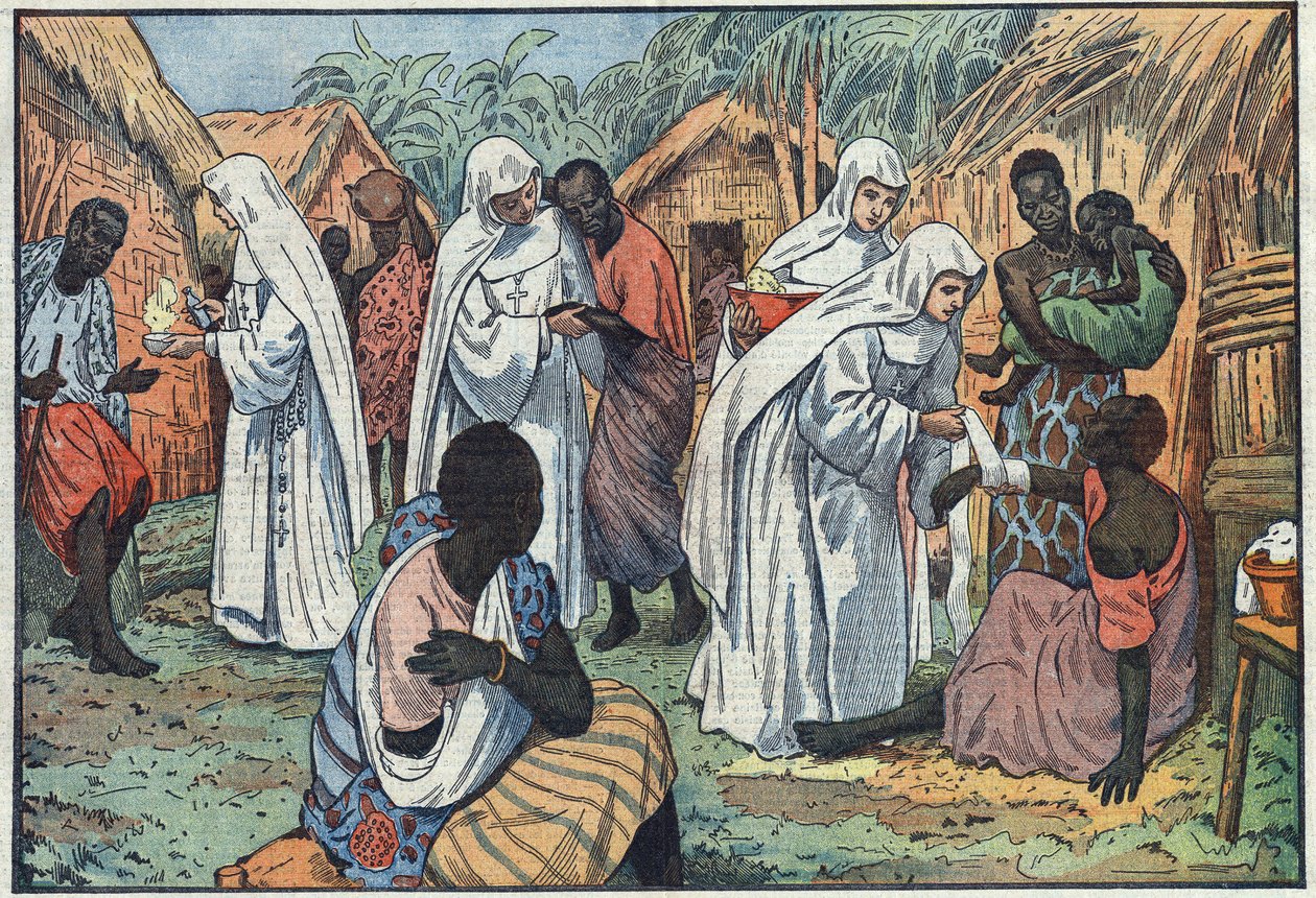 Über die Einweihung im Lateranpalast in Rom der Museen der Weißen Schwestern in einem Dorf in Äquatorialafrika, wo sie Katechismus lehren und Kranke pflegen. Illustration von Damblans. In „Le Pèlerin“ vom 29. Januar von Eugene Damblans