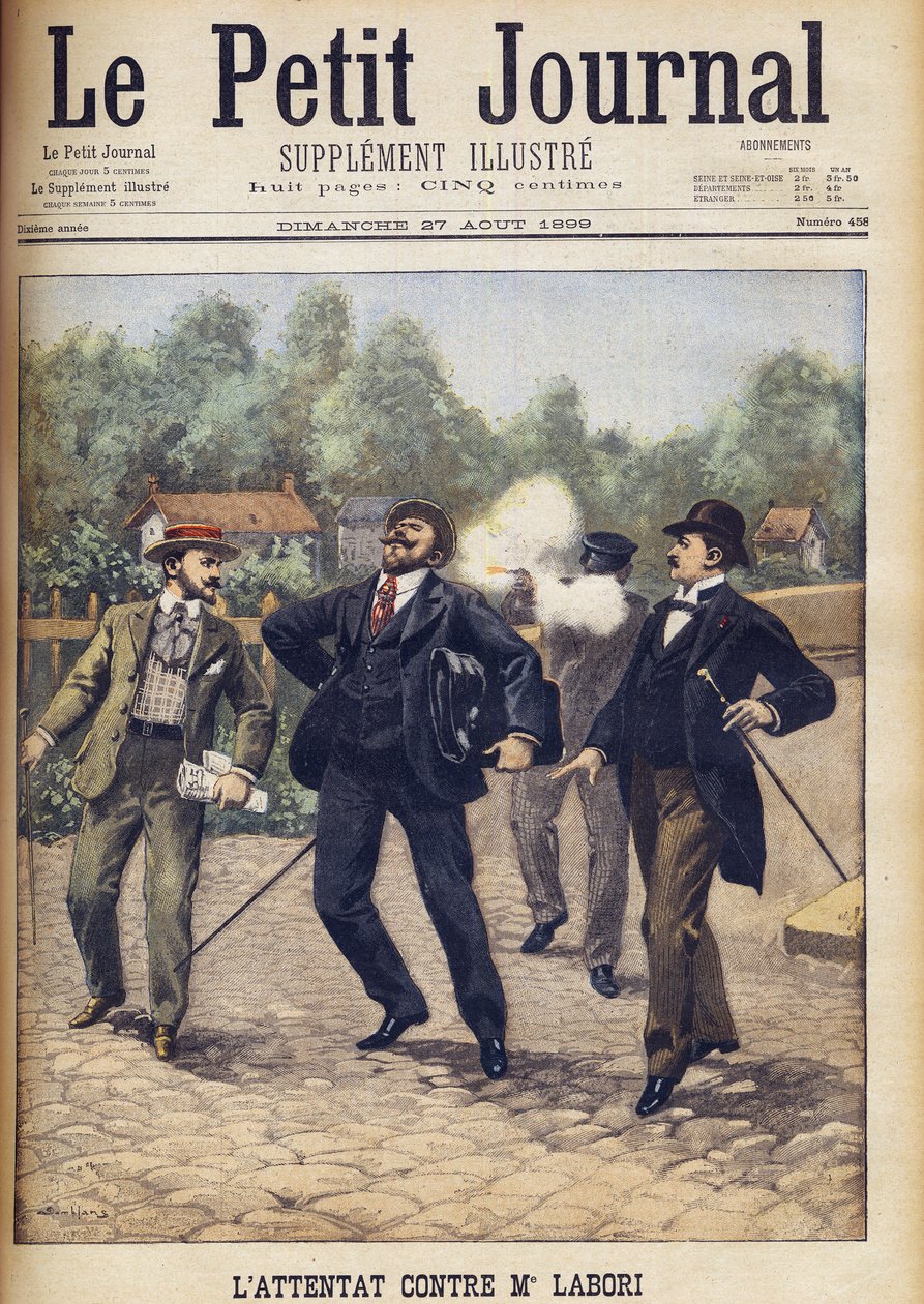 Attentat auf Fernand Labori, einen der Anwälte, die Alfred Dreyfus bei seinem zweiten Kriegsgericht in Rennes verteidigten. „Le Petit Journal“, August 1899 von Eugene Damblans
