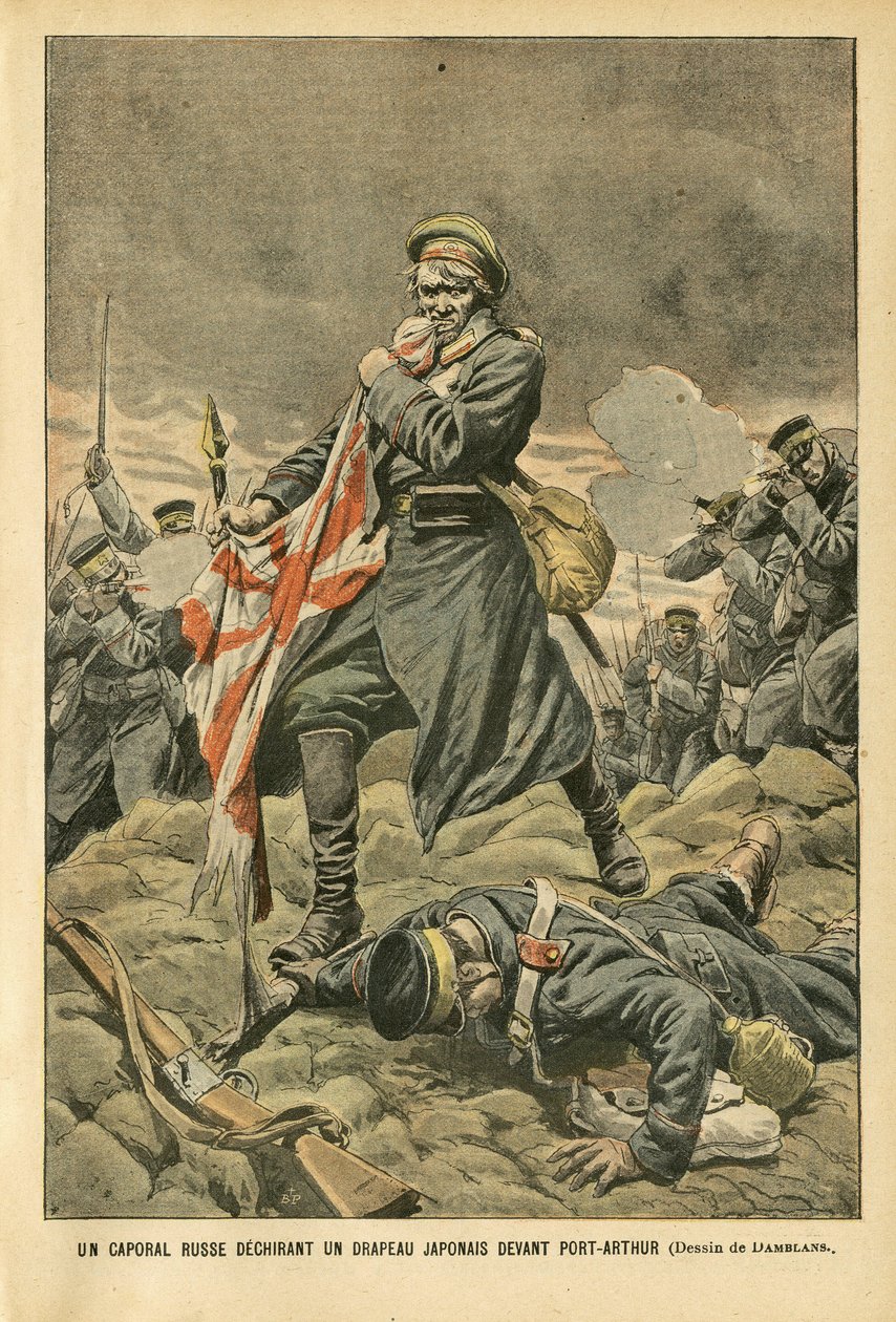 Illustration von Eugene Damblans (1865-1945) in Le Pelerin, 01/01/05 - Ein russischer Korporal zerreißt eine japanische Flagge vor Port Arthur - Russland, Japan, Port Arthur, Russisch-Japanischer Krieg, Kämpfe, Gewehre - Soldaten, Korporal von Eugene Damblans