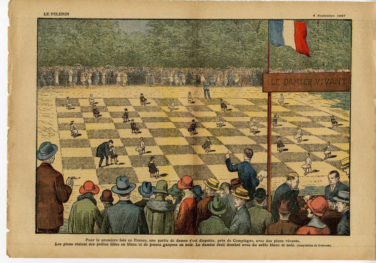 Illustration von Eugene Damblans (1865-1945) in Le Pelerin, 04/09/27 - Zum ersten Mal in Frankreich, ein Spiel der Damen... Lebendes Schachbrett - Spiel, Hobbys, Menge, Dame von Eugene Damblans