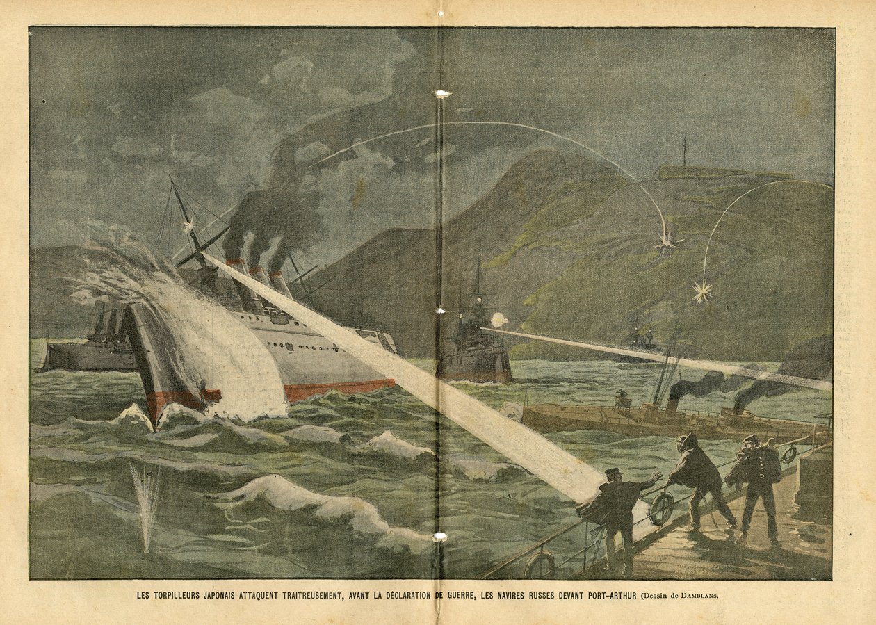 Illustration von Eugene Damblans (1865-1945) in Le Pelerin, 21/02/04 - Japanischer Torpedoangriff auf russische Schiffe vor der Kriegserklärung - Russland, Japan, Maritime Marine Küste, Port Arthur, Russisch-Japanischer Krieg, Kriegsschiffe von Eugene Damblans
