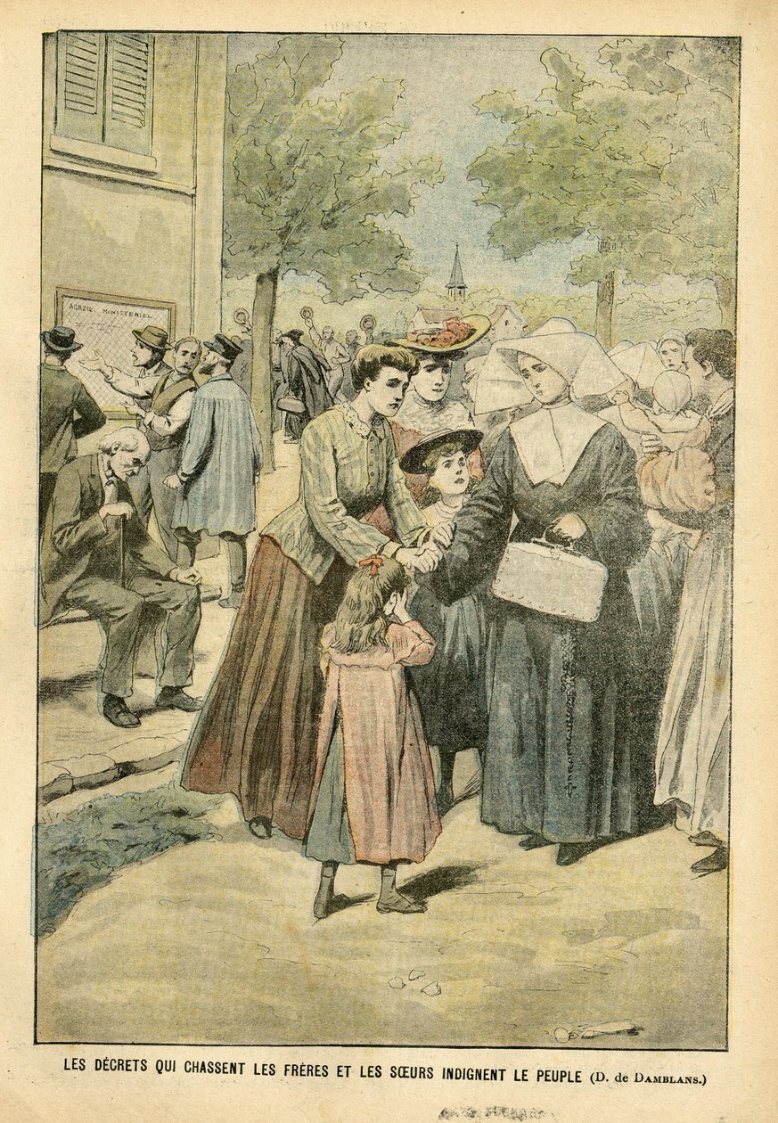 Illustration von Eugene Damblans (1865-1945) in Le Pelerin, 24/07/04 - Dekrete, die Brüder und Schwestern vertreiben, empören das Volk - Lehre, Religion, Glaube, Menge, Katholizismus - Trennung von Kirche und Staat, Vertreibungen von Religiösen, Lehre von Eugene Damblans