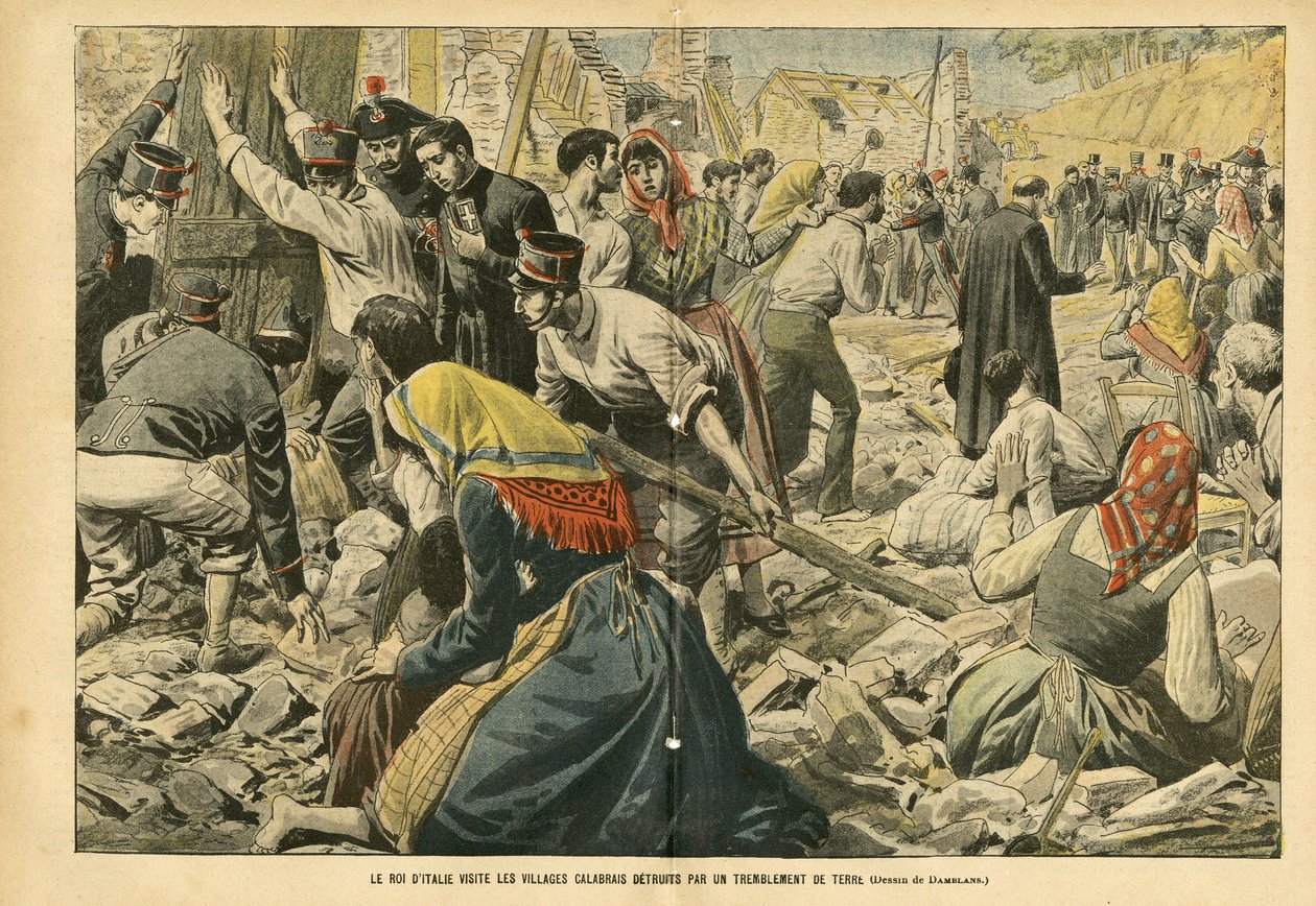Illustration von Eugene Damblans (1865-1945) in Le Pelerin, 24/09/05 - Der König von Italien besucht die von einem Erdbeben zerstörten kalabrischen Dörfer - Verschiedene Fakten, Italien, Architektur Urbanismus, Zerstörung von Gebäuden, Naturkatastrophe, Er von Eugene Damblans