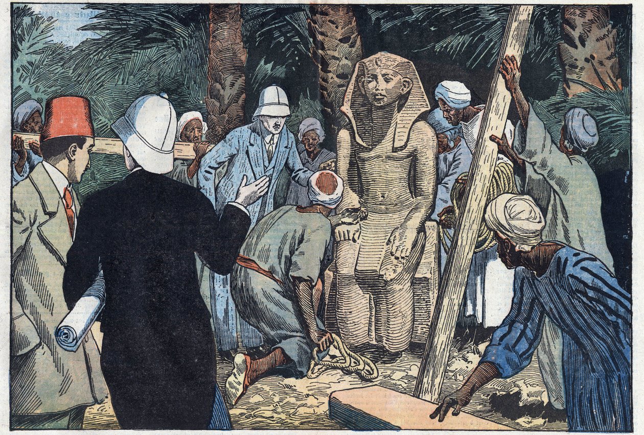 Die französische archäologische Mission entdeckt eine Statue des jugendlichen Sesostris III., die in den Louvre gebracht wird. Medamoud, altes Theben, Ägypten. Illustration von Damblans. In „Le Pèlerin“ vom 22. November von Eugene Damblans