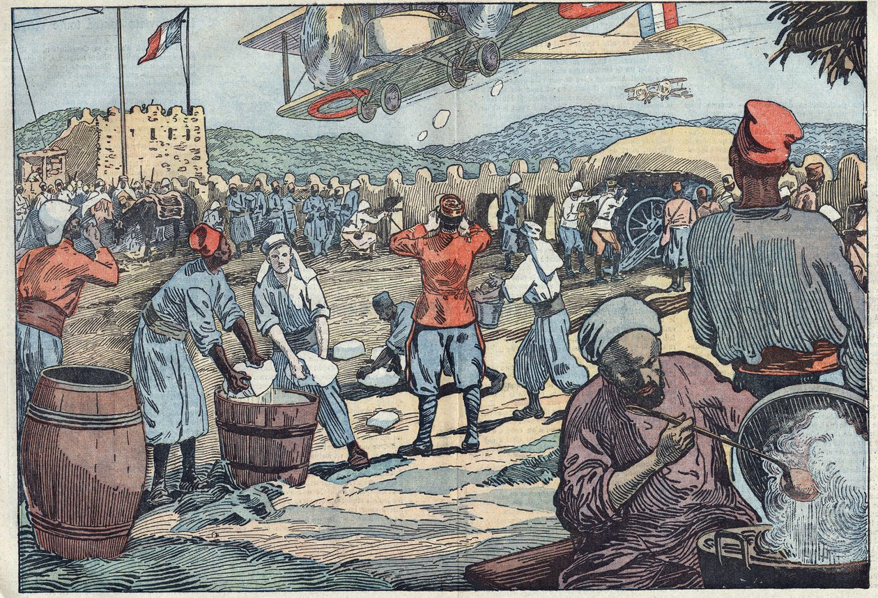 Krieg in Marokko: Französische Flugzeuge versorgen ein von abtrünnigen Marokkanern belagertes Blockhaus mit Eis. Illustration von Damblans. In „Le Pelerin“ vom 24. Mai von Eugene Damblans