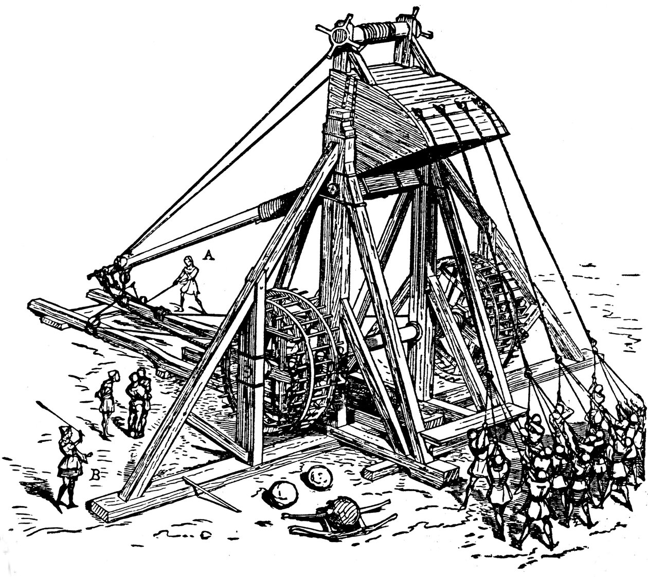 Rekonstruktion einer riesigen Katapult (Gegengewicht-Trebuchet-Typ), genannt Mangonneau von Eugene Emmanuel Viollet le Duc