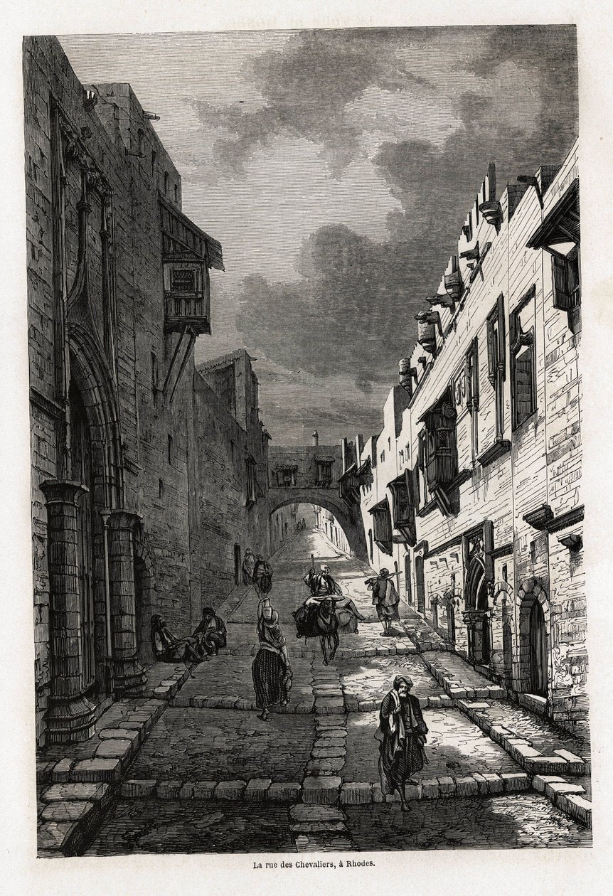 Die Ritterstraße in Rhodos, Zeichnung von Eugene Flandin, zur Illustration seiner Reise zur Insel Rhodos im Jahr 1844. Gravur in Le Tour du Monde, herausgegeben von Edouard Charton von Eugene Flandin