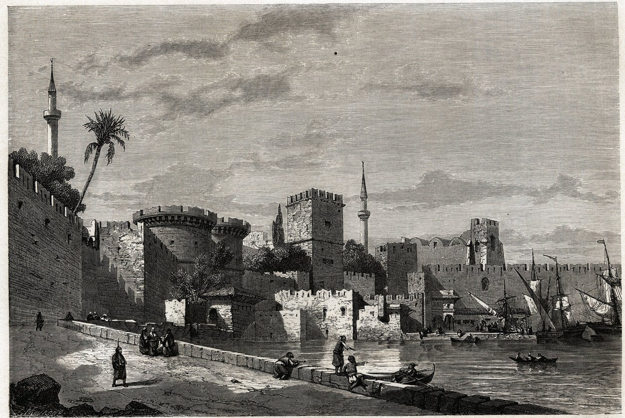 Die Ansicht des Hafens von Rhodos und das Tor von Aubusson, Zeichnung von Eugene Flandin, zur Illustration seiner Reise zur Insel Rhodos im Jahr 1844. Gravur in „Le tour du monde“, herausgegeben von Edouard Charton von Eugene Flandin