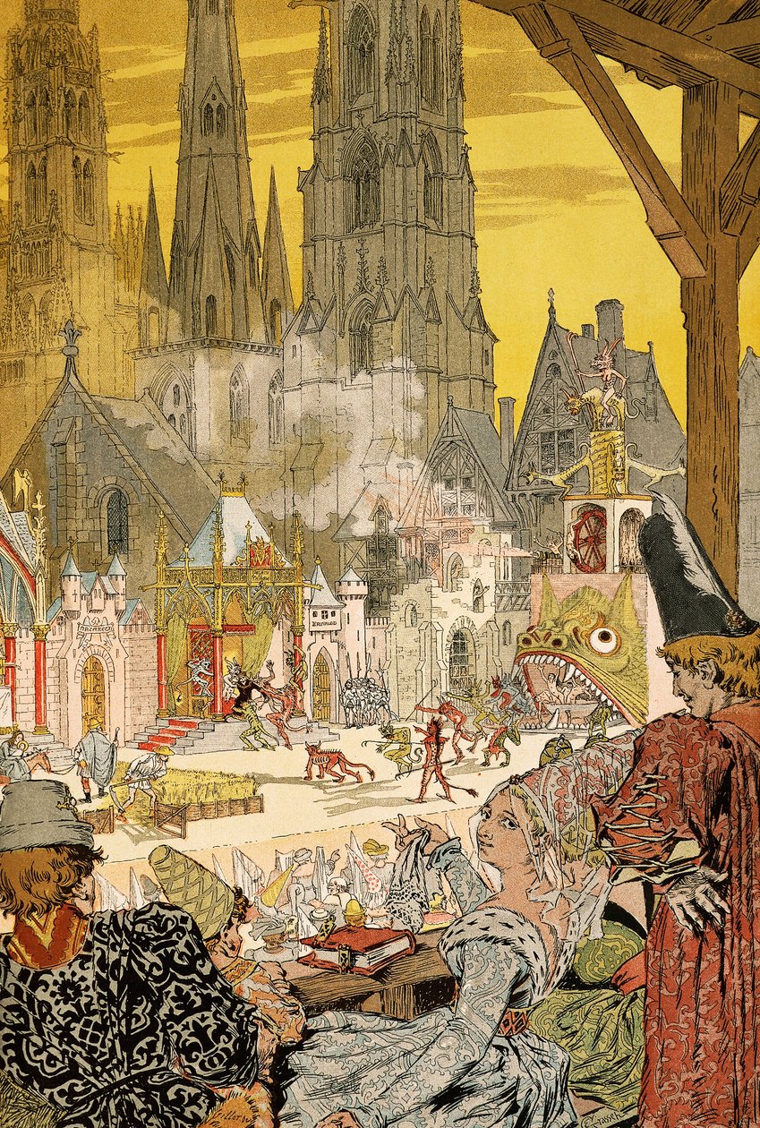 Darstellung eines Mysteriums im Kirchhof der Kathedrale, Illustration für Notre-Dame de Paris von Victor Hugo (1802-1885) von Eugene Grasset