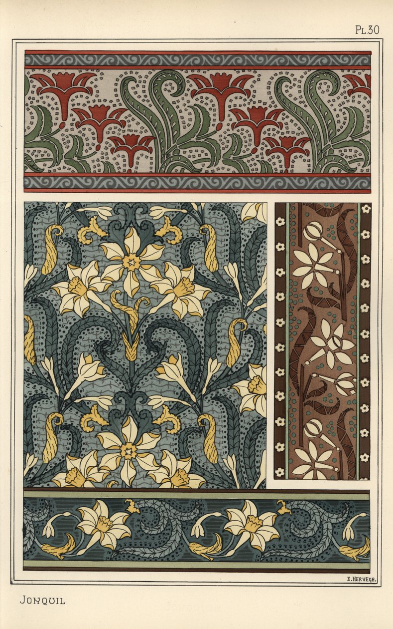 Jonquille, Narcissus jonquilla, als Designmotiv in Tapeten- und Stoffmustern von Eugene Grasset